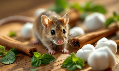 Bruine muis bij natuurlijke afweermiddelen zoals pepermuntbladeren, kaneelstokjes en watten met etherische oliën