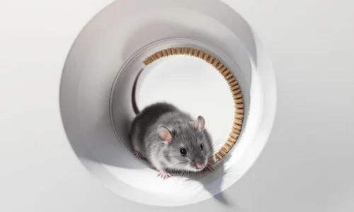 Grijze muis probeert door ronde opening te kruipen, geblokkeerd door schoonmaakborstel met bruine haren op witte achtergrond