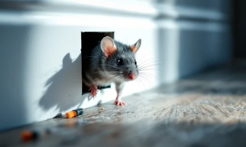 Grijze muis kruipt uit spleet in witte plint met professionele schoonmaakborstels voor ongediertebestrijding