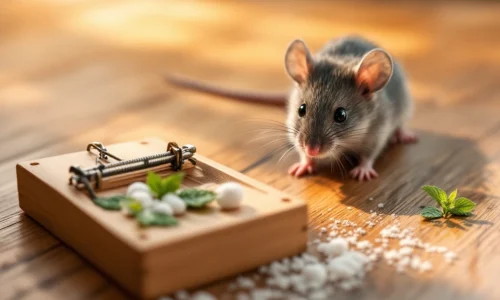 Grijze muis komt uit vloerspleet met houten muizenval en pepermuntblaadjes als natuurlijke bestrijding
