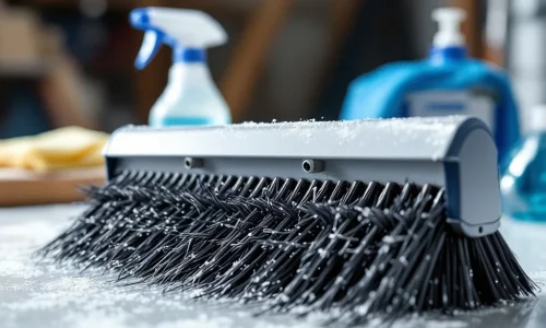 Muiswerende borstel met dichte borstels diagonaal geplaatst, met schoonmaakspray en doek op achtergrond