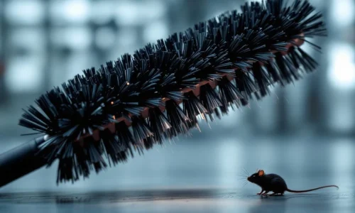 Professionele muizenwerende borstel met donkere borstels, diagonaal geplaatst tegen industriële achtergrond