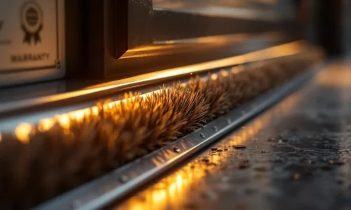 Muiswerende borstels met aluminium behuizing geïnstalleerd op drempel, dichte bruine haren vormen barrière tegen ongedierte