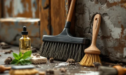 Professionele schoonmaakborstels geplaatst rond muizeningangen met staalwol en pepermuntolie voor ongediertebestrijding