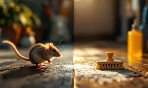 Split-screen vergelijking van muizenbestrijding: humane afschrikmiddelen links, traditionele vallen rechts, professionele schoonmaakborstels
