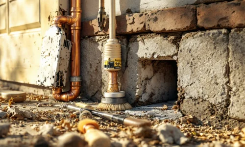 Huisfundament met gaten bij leidingen en scheuren waar muizen naar binnen kunnen, met professionele afdichtingsgereedschappen