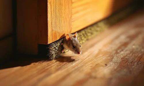 Bruine muis wordt tegengehouden door borstelstrip onder deur, close-up van effectieve afdichting tegen ongedierte