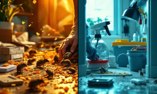 Vergelijking tussen mislukte DIY muizenbestrijding met verspreide muizen en professionele pest control met industriële vallen