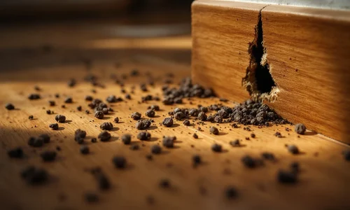 Muizenkeutels, knaagsporen op karton en gat in plint op houten keukenvloer tonen muizenplaag