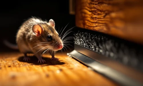 Borstelborstel tegen knaagdieren geïnstalleerd onder houten deur met bruine muis die nadert in dramatische verlichting