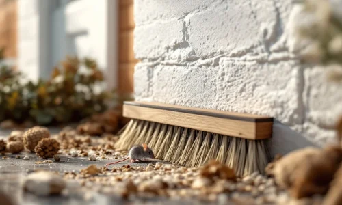 Professionele borstel dicht funderingsspleet bij wit huis, muis wordt geweerd, preventieve ongediertebestrijding