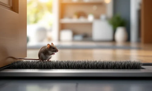 Muis tegengehouden door roestvrijstalen deurveegborstel aan moderne huisingang met warme binnenverlichting