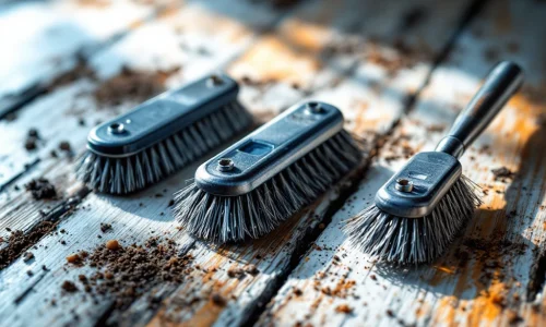 Professionele ongediertebestrijdingsborstels op witte ondergrond met muizengaten in houtwerk op de achtergrond