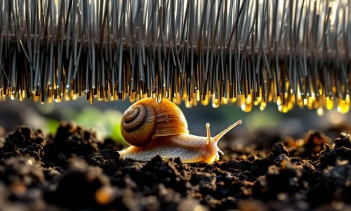 Tuinslak kruipt onder metalen borstelbarrière door vochtige aarde met dauwdruppels op schelpje