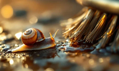 Tuinslak nadert borstelharen met zichtbaar slijmspoor op gladde ondergrond, dramatische zijverlichting benadrukt interactie