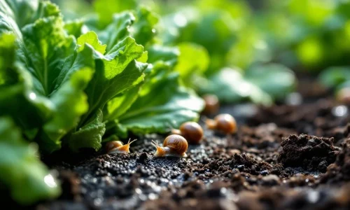 Slakken kruipen over sla bladeren terwijl anti-slakken borstelbarrière de planten beschermt in weelderige groene tuin