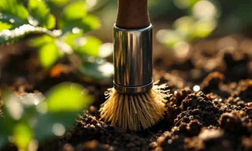 Gespecialiseerde slakkenborstel wordt in donkere tuinaarde geplaatst, met dauwdruppels op groen blad in ochtendlicht