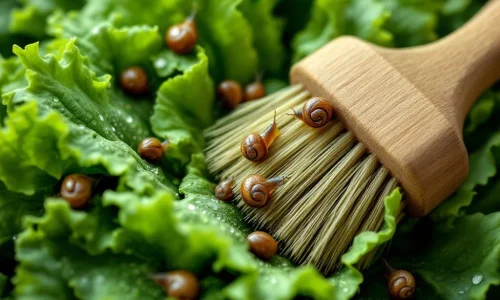Verse sla met dauwdruppels en slakken, met professionele borstel voor natuurlijke ongediertebestrijding in de tuin