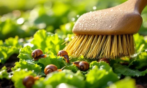 Verse slabladeren met tuinslakken en gespecialiseerde borstel voor slakkenbestrijding in moestuin