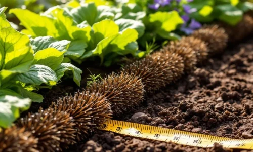 Anti-slakkenborstels geplaatst rond sla en kruiden in tuin, met dauw op bladeren en meetlint voor afstand indicatie