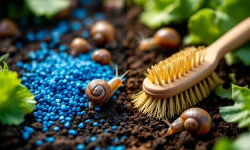 Vergelijking van blauwe slakkenkorrels op donkere grond versus milieuvriendelijke borstel voor slakkenbestrijding in tuin