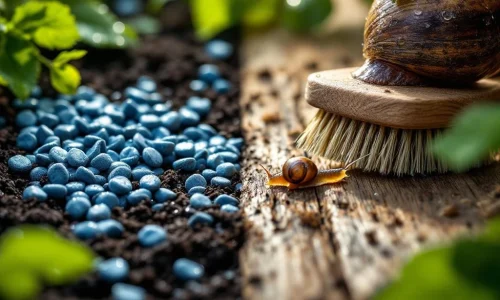 Slakkenbestrijding vergelijking: blauwe slakkenkorrels links, anti-slakkenborstel rechts, tuinslak in het midden