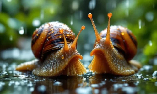 Gespecialiseerde slakkenborstels met waterdruppels op de haren in regenachtige tuin, weersbestendig en effectief