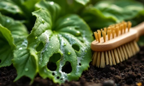 Groene plantenbladeren met gaten en slakkensporen van schade, met reinigingsborstel op achtergrond voor tuinonderhoud
