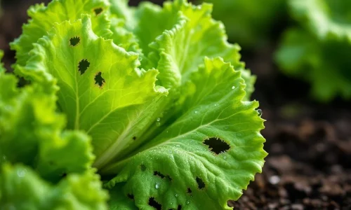 Verse slabladeren met gaten en slakkensporen van vraatschade in moestuin met dauwdruppels
