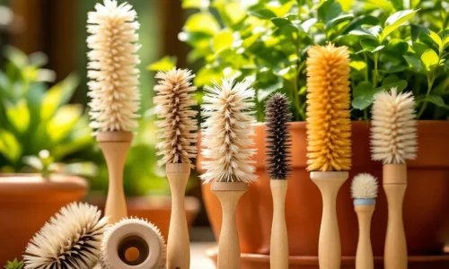 Spiraalborstels voor tuinonderhoud in verschillende maten rond terracotta plantenbak met groene planten