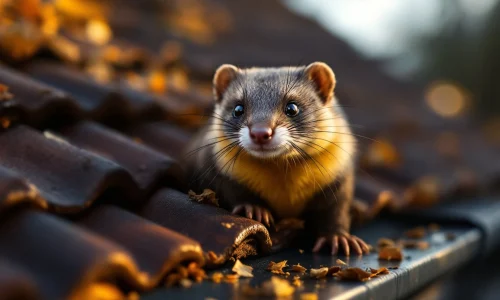 Steenmarter op dakpannen met anti-marter borstels langs dakgoot als afweersysteem op Nederlands woonhuis bij schemering