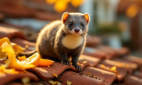 Steenmarter met crèmekleurige keelvlek op rode dakpan, met natuurlijke afweermiddelen zoals citrusschillen en koffiegrond