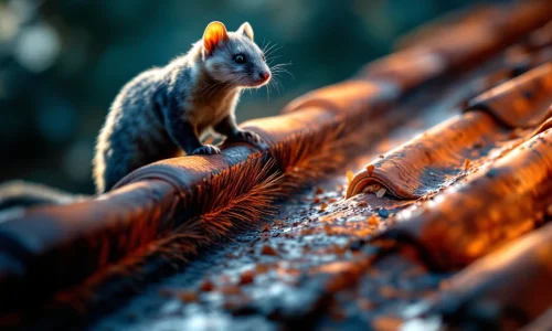 Oranje dakpannen met borstelstrip tegen steenmarters, marter op afstand zichtbaar, professionele dakbescherming