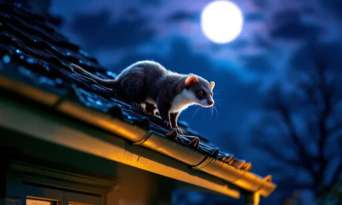 Steenmarter met witte borstvlek klimt 's nachts langs dakrand met dakgoten, pest control barrières zichtbaar bij maanlicht