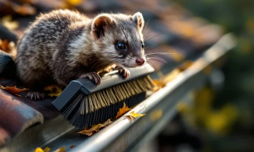 Steenmarter op dakgoot met anti-marter borstel in voorgrond, herfstbladeren in goot, Nederlandse dakpannen op achtergrond