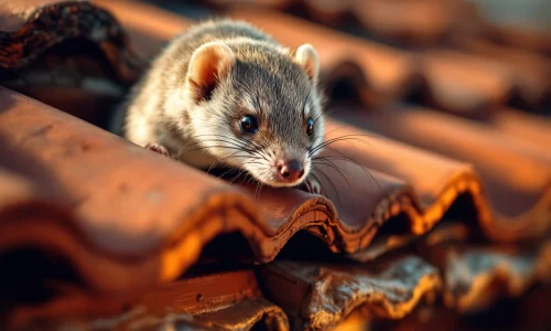 Steenmarter op rode dakpannen met zwarte borstels als afweer langs dakrand en goot voor ongediertebestrijding