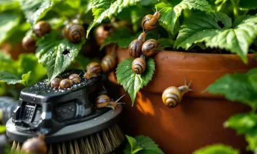 Tuinplanten met vraatschade door slakken, professionele schoonmaakborstel tegen terracotta pot voor tuinonderhoud
