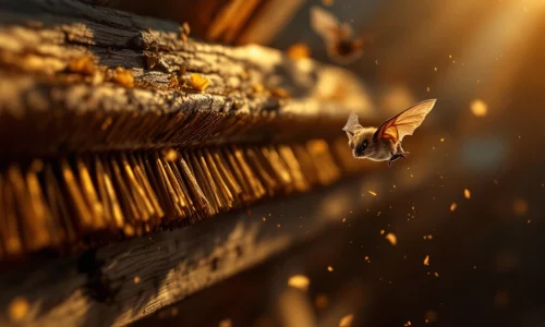 Vleermuis vliegt weg van zachte borstelbescherming op houten dakbalk in zolderruimte met natuurlijk licht