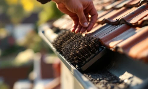 Installatie van anti-vleermuis borstel in dakgoot met terracotta dakpannen en zonlicht
