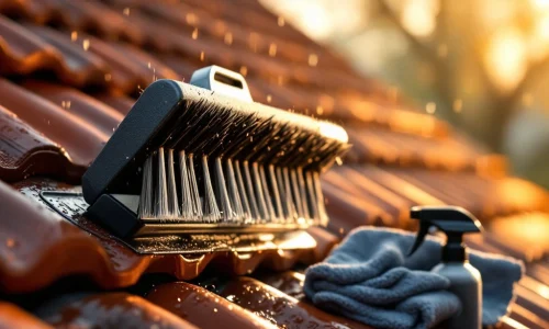 Vleermuiswerende borstel op terracotta dakpan met stijve haren, waterdruppels en onderhoudsproducten in ochtendlicht