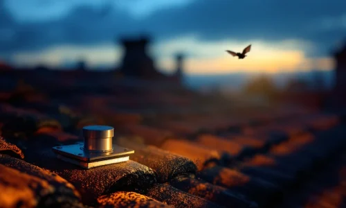 Anti-vleermuisborstel op dakpannen bij schemering met wegvliegende vleermuis op achtergrond