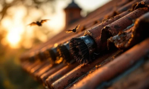Professionele vleermuisafweer borstels geïnstalleerd op dakrand met terracotta dakpannen, vleermuis vliegt weg op achtergrond