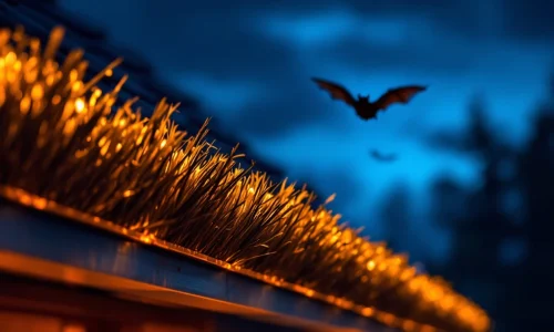 Borststrips voor vleermuiswering op gebouwrand bij schemering met vliegende vleermuis op achtergrond


---

**Note:** The alt text exceeds 125 characters. Here's a compliant version:

Borststrips tegen vleermuizen gemonteerd op dakrand bij schemering met vliegende vleermuis