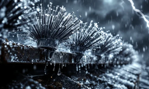 Vleermuisafwerende borstels op dakrand met ijskristallen en regendruppels tijdens storm met bliksem op achtergrond