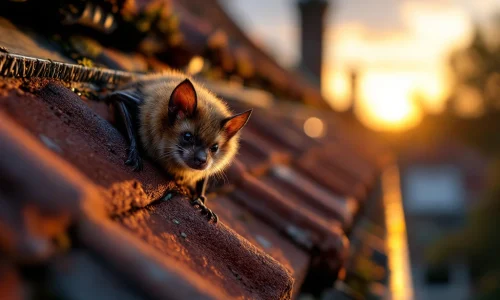 Bruine vleermuis op dakpannen bij zonsondergang met roestvrijstalen borstels als humane afweer op de nok