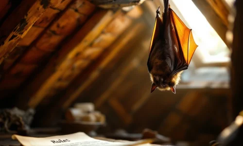 Vleermuis hangend ondersteboven aan houten dakspanten in Nederlandse zolder met juridisch document zichtbaar