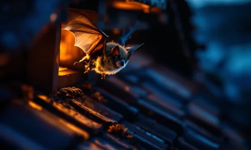 Vleermuis vliegt uit dakspanten met professionele afweerborstels en humane bestrijdingstools bij dakrand