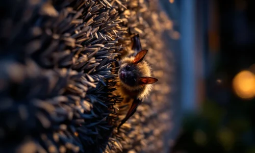 Vleermuis probeert door dichte borstelstrip te komen, dramatisch verlicht bij deuropening ter preventie van ongedierte
