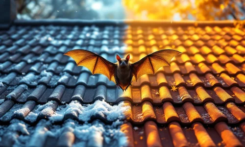 Vleermuis in vlucht tussen winter- en zomerdakpannen met seizoensovergang en afweersystemen op dak