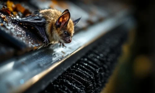Bruine vleermuis op dakgoot met zwarte borstelbescherming tegen ongedierte, close-up met waterdruppels